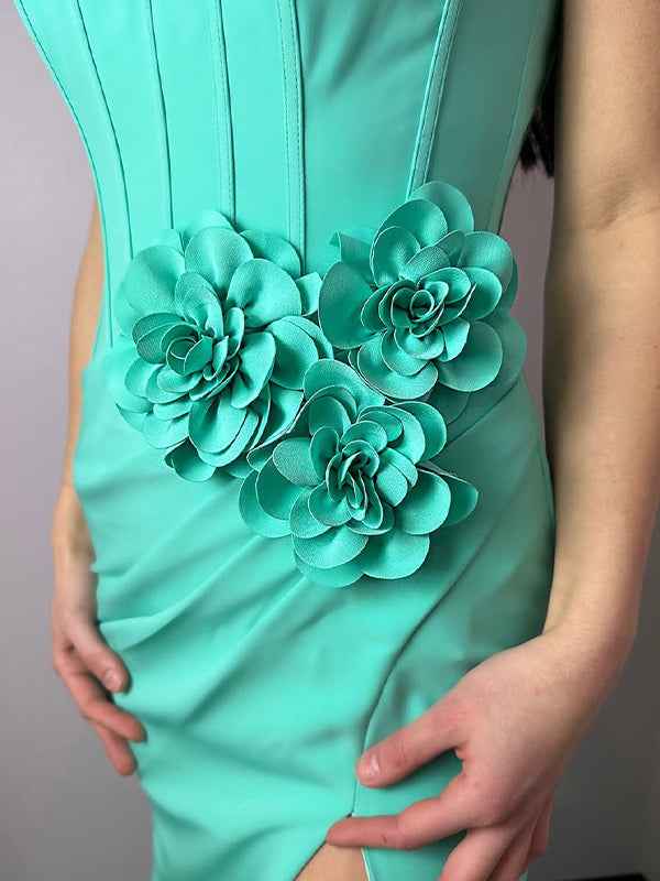 Mint Green Strapless Satin Mermaid Long Prom Dress With Slit