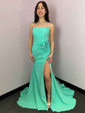 Mint Green Strapless Satin Mermaid Long Prom Dress With Slit