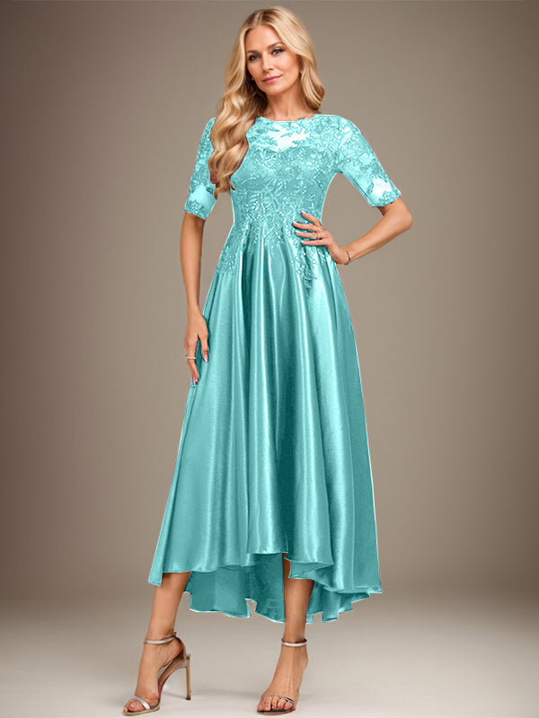 A-Linie, U-Ausschnitt, Illusion, asymmetrisch, Stretch-Satin, Spitze, Kleid für die Brautmutter mit Pailletten 