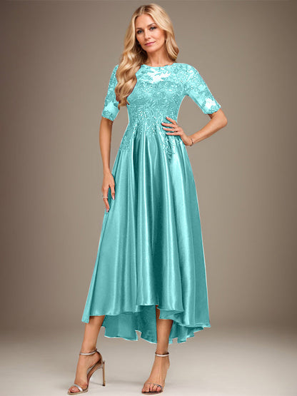 A-Linie, U-Ausschnitt, Illusion, asymmetrisch, Stretch-Satin, Spitze, Kleid für die Brautmutter mit Pailletten 