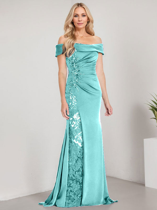 Robe de mère de la mariée longue jusqu'au sol, ligne A, épaules dénudées, appliques et perles, robe sirène avec fente haute