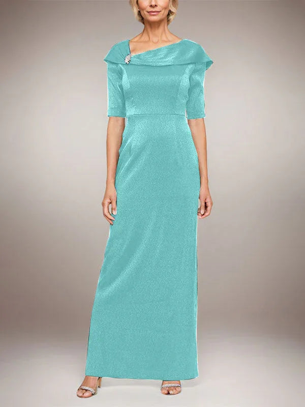 فستان عمودي طويل لامع بياقة على شكل حرف L وأكمام تصل إلى المرفق مع أساور مطوية