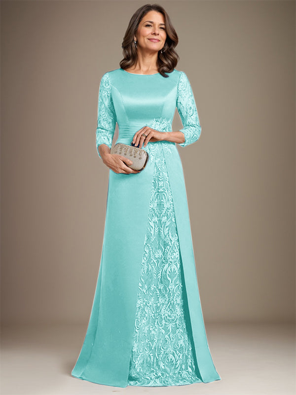 A-Line Scoop Floor-Length Lace Satin Mother Of the Bride Dress With Applique