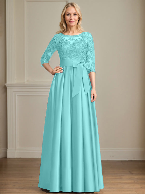 A-Linie, U-Ausschnitt, Illusion, bodenlanges Satin-Spitzenkleid für die Brautmutter mit Paillettenschleife 