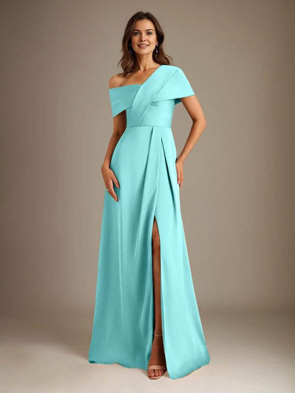 Robe de mère de la mariée en satin, longueur au sol, encolure asymétrique en ligne A avec plis