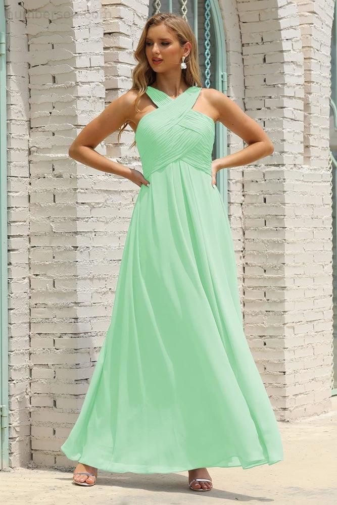 Vestido de Dama de Honra Halter em Chiffon para Mulher, Modelo A-Line, Longo, Formal, para Baile de Finalistas SEA28015
