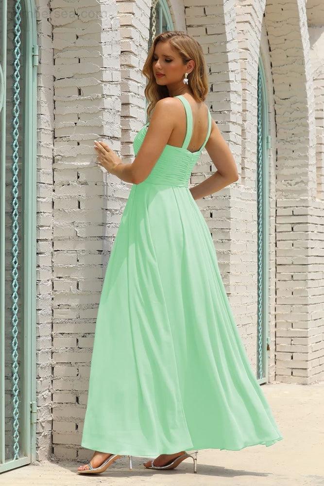 Vestido de Dama de Honra Halter em Chiffon para Mulher, Modelo A-Line, Longo, Formal, para Baile de Finalistas SEA28015