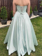 Mint Green Strapless Shimmer Corset A Line Long Prom Dress