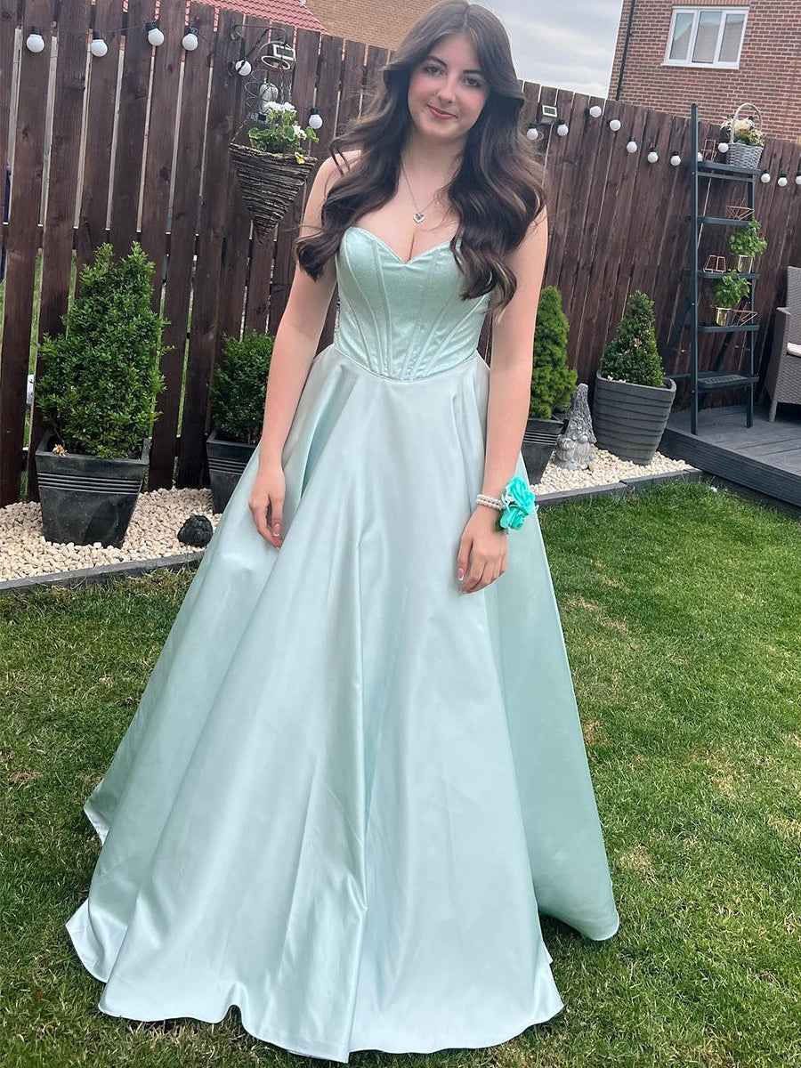 Mint Green Strapless Shimmer Corset A Line Long Prom Dress