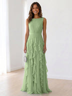 Sky Blue Tiered Chiffon Evening Maxi Dress With Ruched Bodice