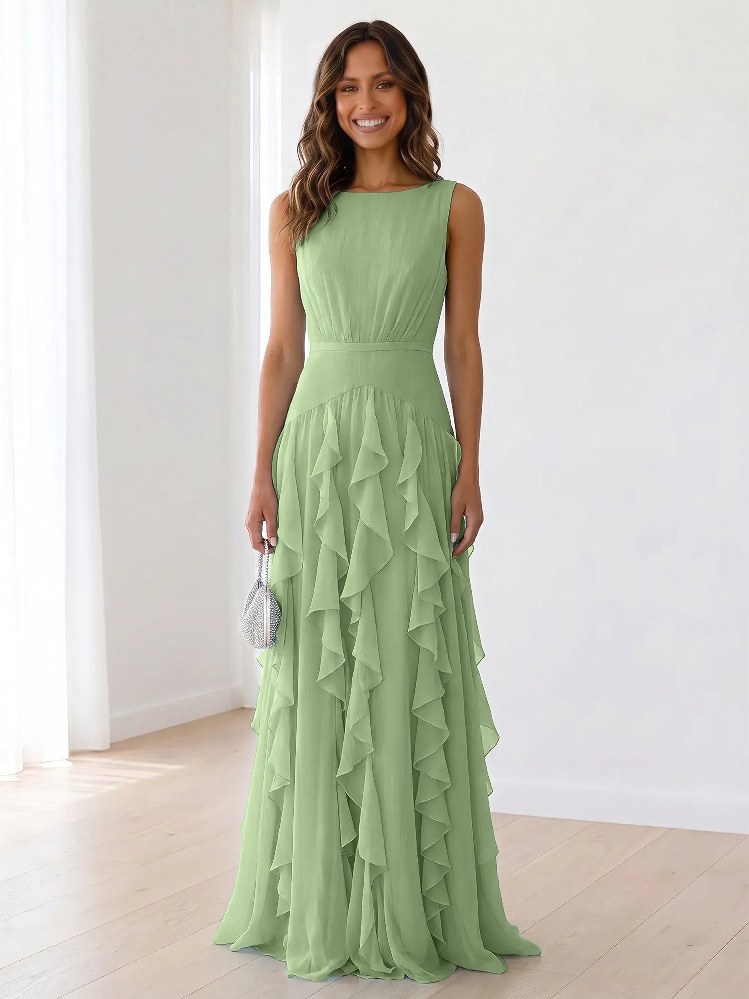 Sky Blue Tiered Chiffon Evening Maxi Dress With Ruched Bodice