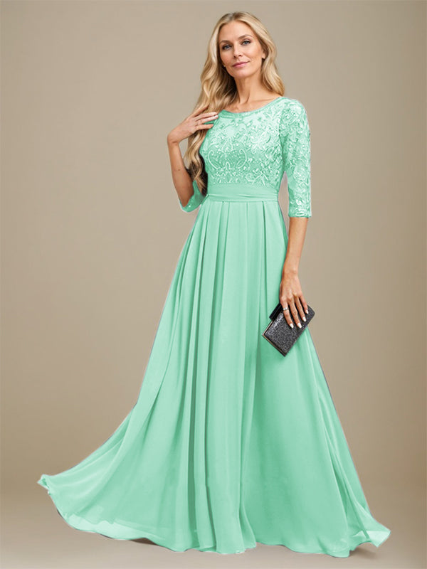 A-Linie U-Ausschnitt Bodenlang Spitzen-Chiffon-Kleid für die Brautmutter mit Paillettenapplikation 