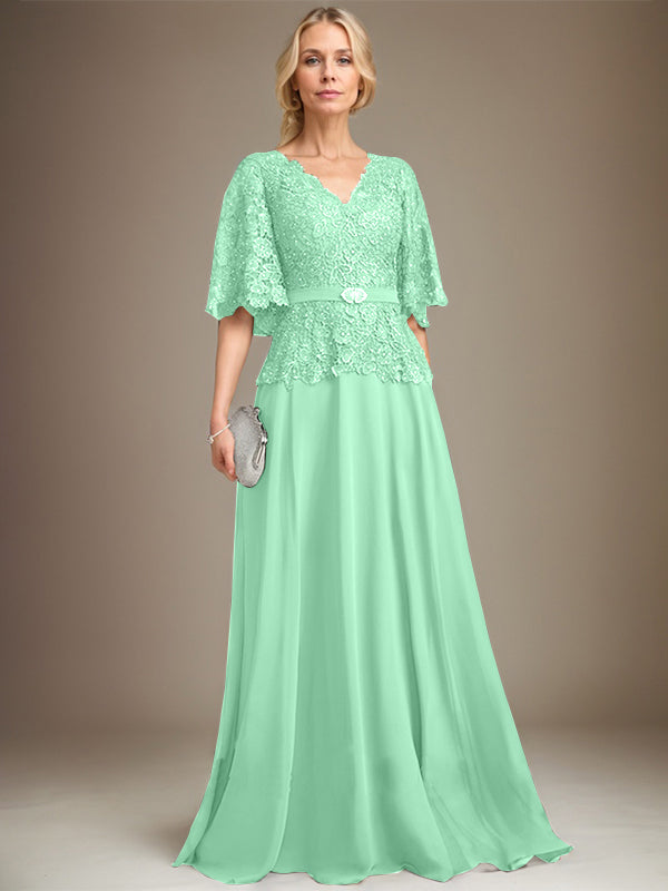 A-Linie V-Ausschnitt Bodenlang Chiffon Spitze Mutter der Braut Kleid Mit Kristall Brosche Strass 
