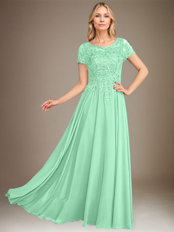 Robe de mère de la mariée en mousseline, longueur au sol, coupe en A, décolleté arrondi, ornée d'appliques et de paillettes