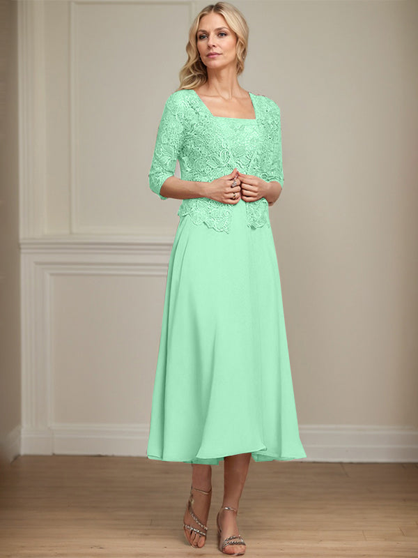 A-Linie Quadratisches Wadenlanges Chiffon-Spitzenkleid für die Brautmutter mit Pailletten und Perlen 