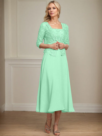 A-Linie Quadratisches Wadenlanges Chiffon-Spitzenkleid für die Brautmutter mit Pailletten und Perlen 