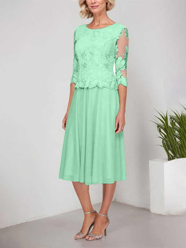 A-Linie U-Ausschnitt Wadenlang Spitzen Chiffon Mutter der Braut Kleid mit Stickerei 