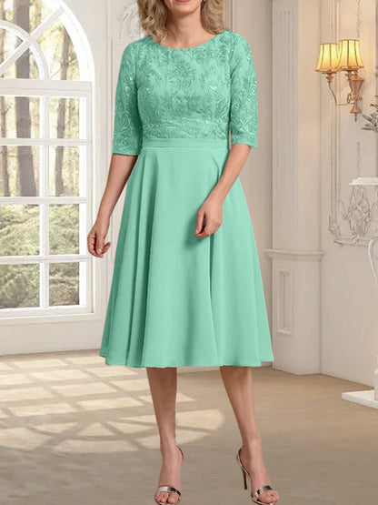 A-Linie U-Ausschnitt Knielang Chiffon Spitzenkleid für die Brautmutter