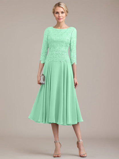 A-Linie U-Ausschnitt Wadenlang Chiffon-Kleid für die Brautmutter 