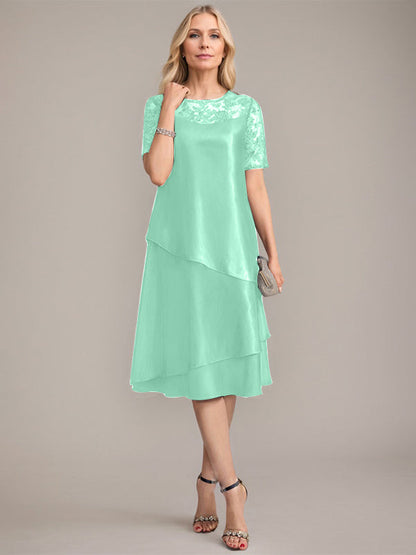 A-Linie, U-Ausschnitt, knielanges Kleid für die Brautmutter mit Applikationen und Pailletten 