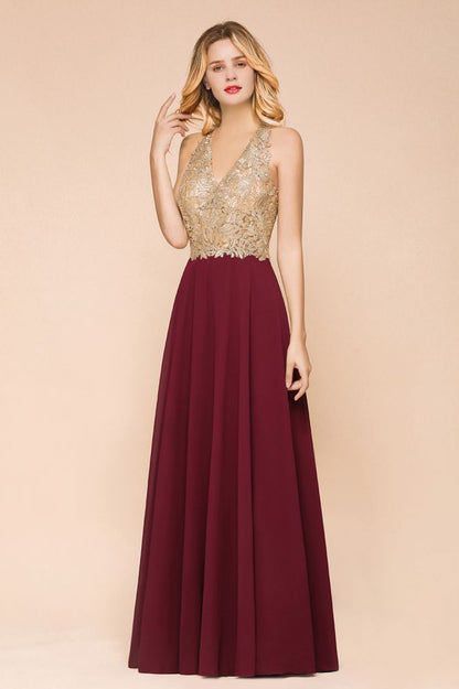 MisShow Women's Gold Appliques Evening Formal Dress Chiffon Lace Prom Long Ball Gown