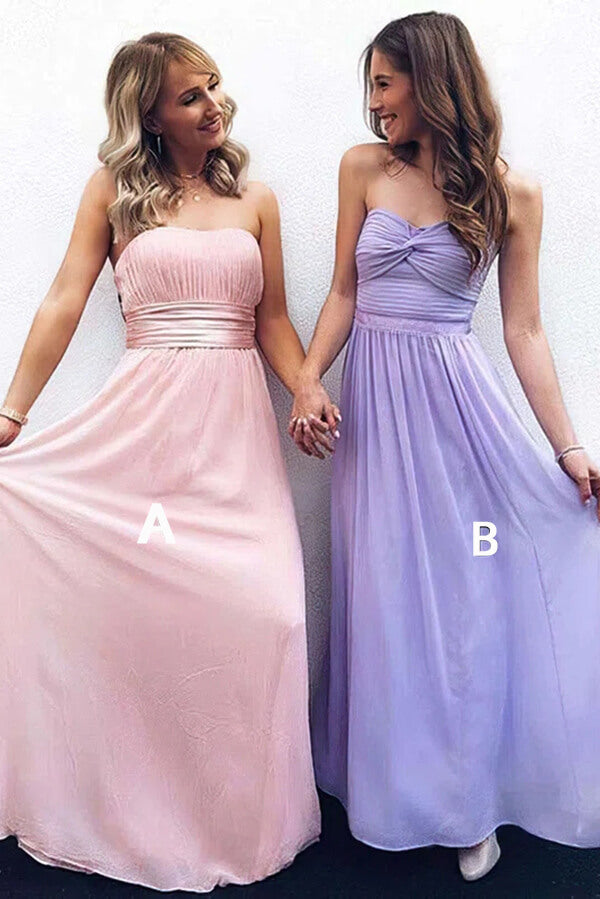 Abito da damigella modesto in chiffon, linea a trapezio, senza spalline, arricciato, lungo fino a terra