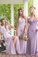 Vestidos de dama de honor largos, de gasa, de corte A, color morado, con cortes disparejos 