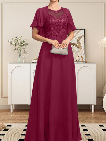 A-Linie, U-Ausschnitt, Illusion, bodenlanges Spitzen-Chiffon-Kleid für die Brautmutter mit Pailletten