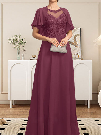 A-Linie, U-Ausschnitt, Illusion, bodenlanges Spitzen-Chiffon-Kleid für die Brautmutter mit Pailletten