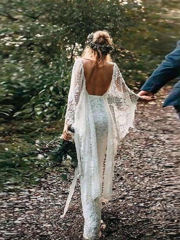 Roycebridal Batwing Sleeve Lace Rustic Wedding Dresses Ivory Sheath Boho Wedding Dresses
