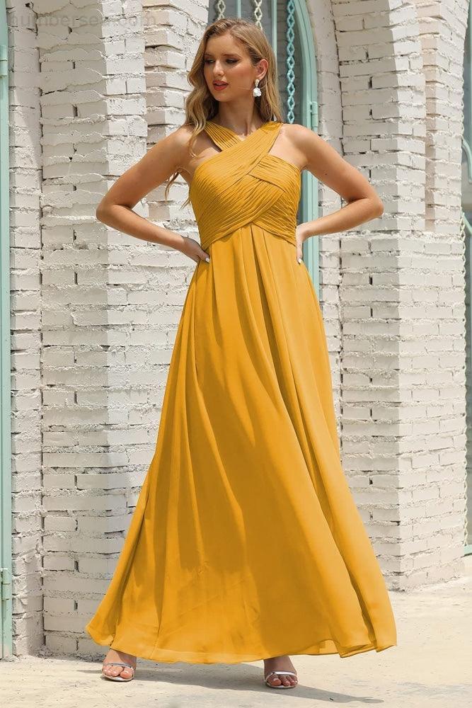 Vestido de Dama de Honra Halter em Chiffon para Mulher, Modelo A-Line, Longo, Formal, para Baile de Finalistas SEA28015
