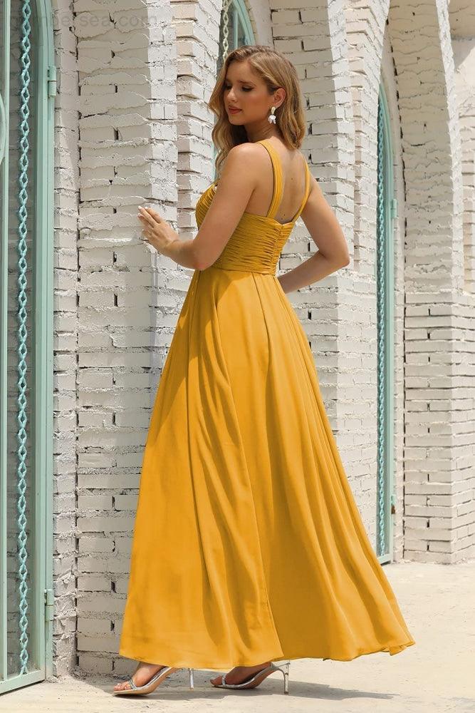 Vestido de Dama de Honra Halter em Chiffon para Mulher, Modelo A-Line, Longo, Formal, para Baile de Finalistas SEA28015