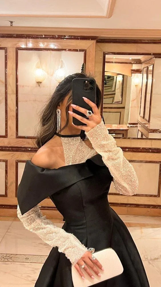فستان سهرة ساتان أسود أنيق بقصة على شكل حرف A فستان عشاء أسود Y6700