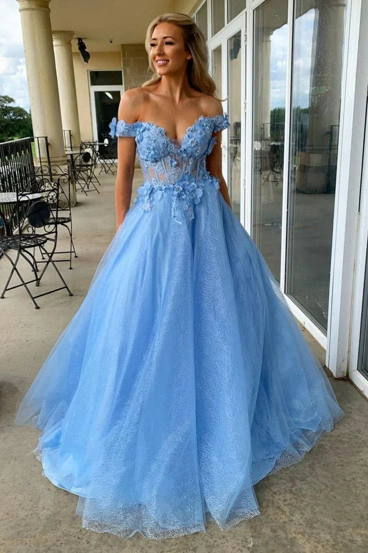 Abiti lunghi da sera in pizzo di tulle blu, linea a trapezio con spalle scoperte Y1414