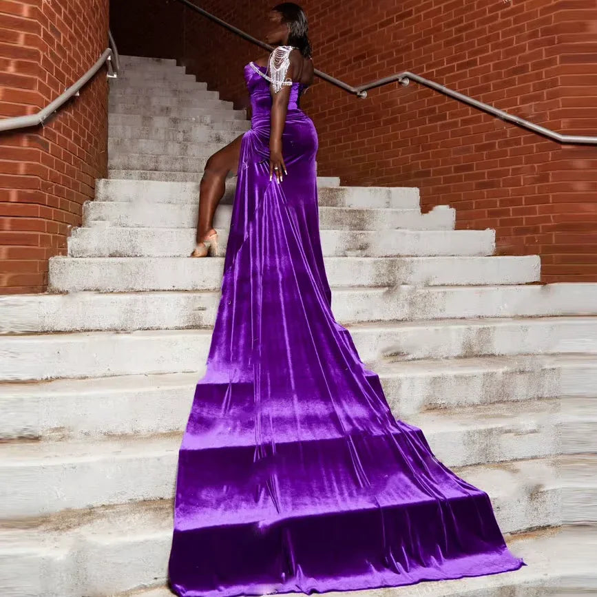 Abito da sera in velluto viola, elegante vestito formale per ragazze di colore Y1835
