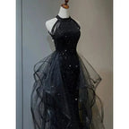 Vestido de noite preto com gola alta, alças ao pescoço, tule brilhante e lantejoulas, vestido de baile preto em tule Y1864