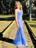 Vestido Longo de Baile e de Noite com Alças de Espaguete, Renda Lilás e Lantejoulas, Modelo Sereia Encantadora Y8235