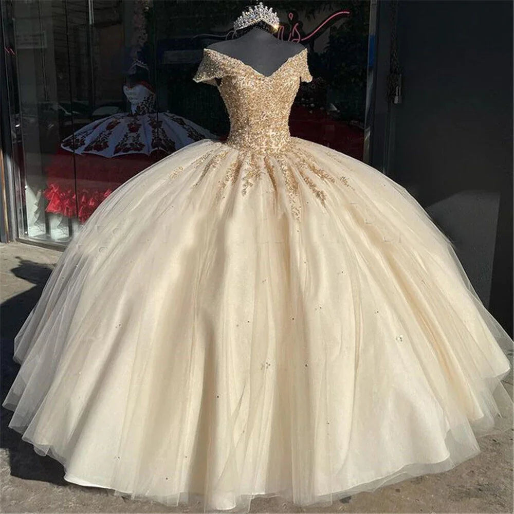 Abiti da Quinceañera con Spalle Scoperte, Champagne, Pizzo Applicato e Perline, Abito da Ballo Y4148