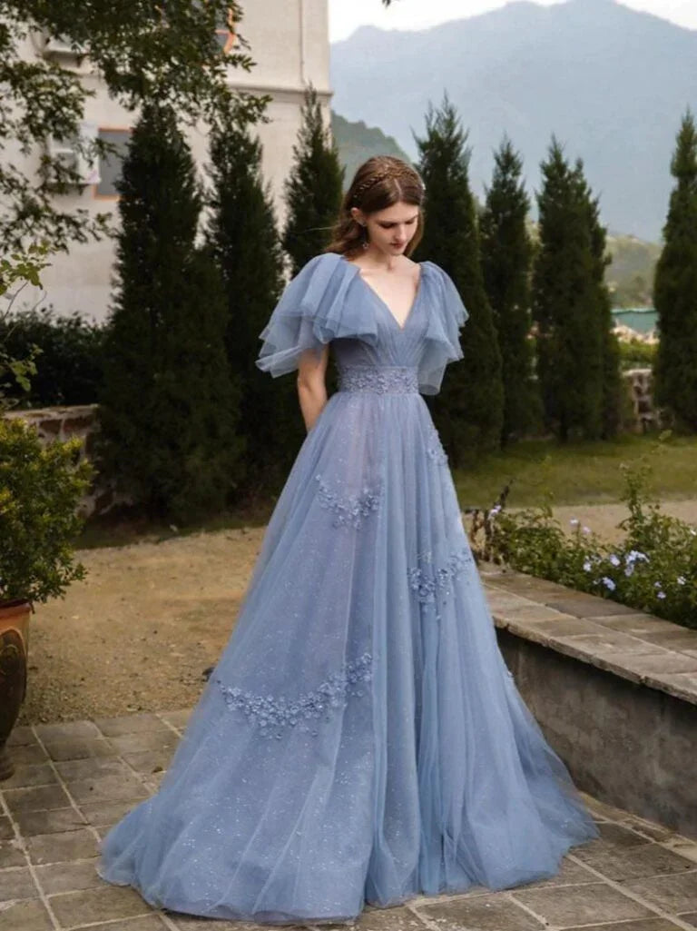 Abito da sera elegante con applicazioni di paillettes in tulle blu Y8348