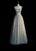 Vestido de Festa Longo em Tule Verde-Sálvia Encantador com Renda, Modelo Linha A, Vestido de Noite Y7544