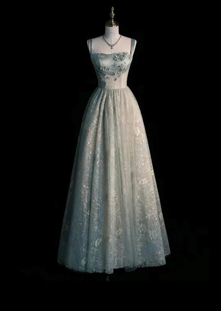 Vestido de Festa Longo em Tule Verde-Sálvia Encantador com Renda, Modelo Linha A, Vestido de Noite Y7544