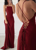 Vestido de Gala Longo Vermelho-Vinho com Alças Finas Sensuais e Costas Nuas para Baile de Finalistas Y7832