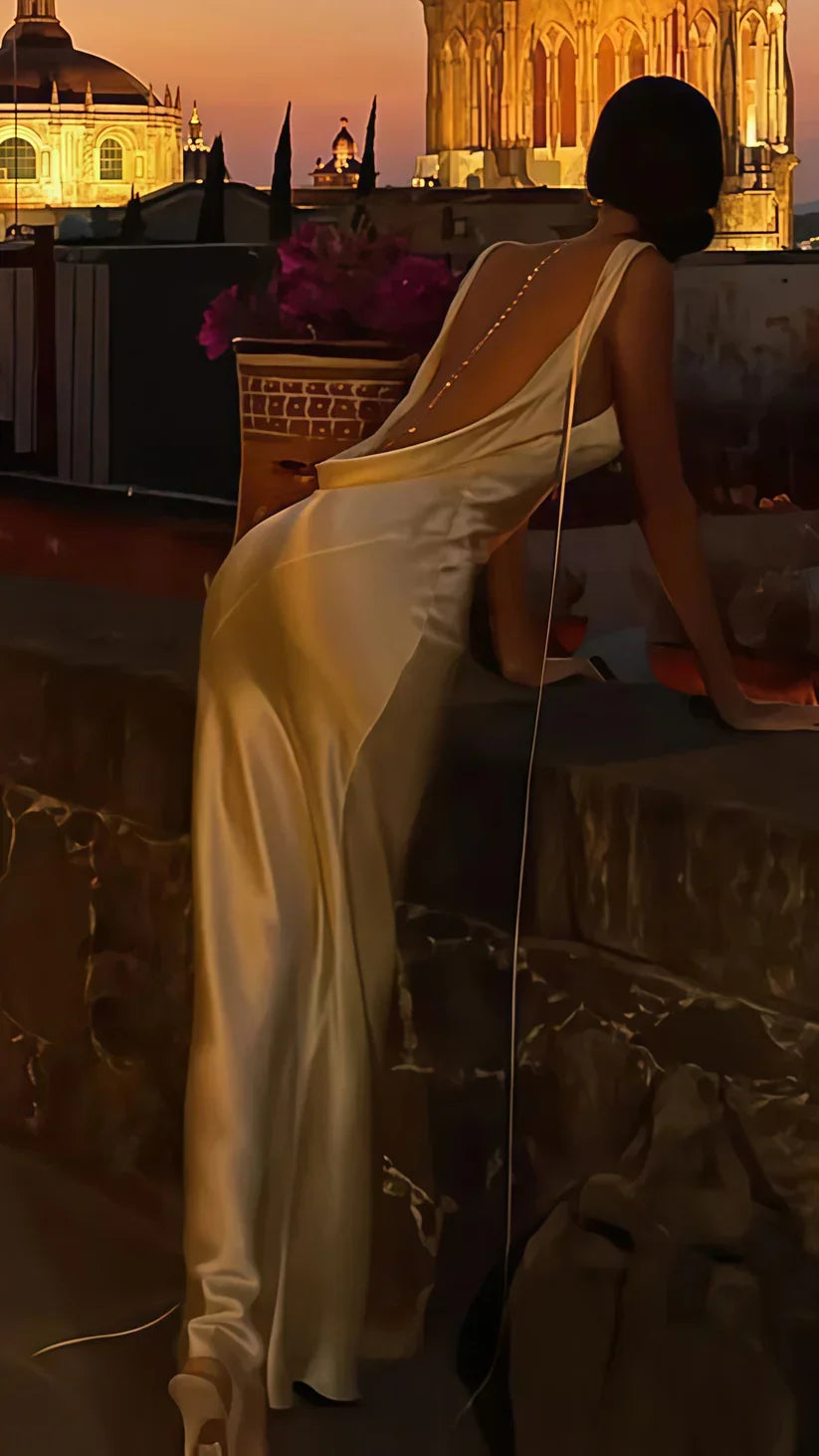 Abito lungo da sera aderente in raso sexy e senza schiena Y8280