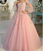 Abito da Ballo Manica Lunga, Abito da Ballo Lungo Fiabesco Floreale Rosa Perla S24387