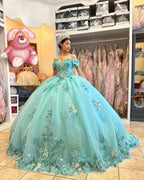 Puffy Quinceañera-Kleider Ballkleid Schulterfrei Applikationen Blumen Mexikanische Sweet-16-Kleider Y2634