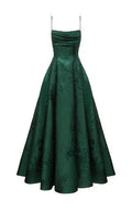 Vestido de Festa Verde Esmeralda em Linha A com Alças Finas, Vestido Elegante para Noite Y1799