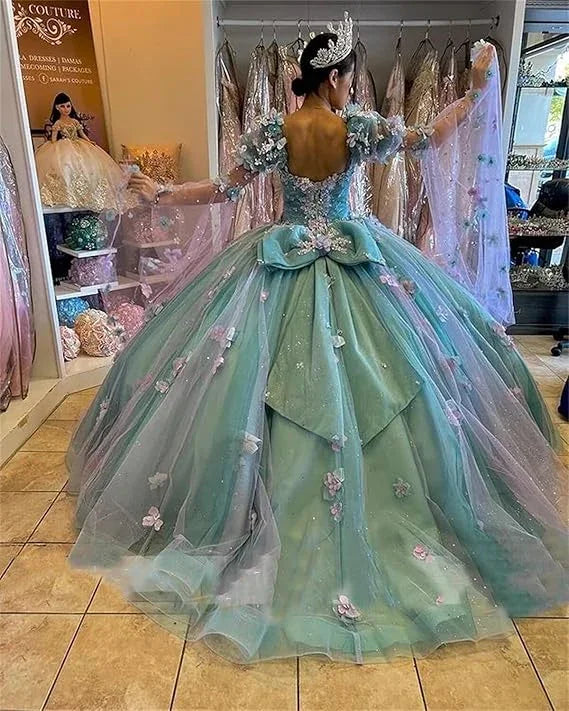 Fliederfarbener 3D-Blumenballkleid Quinceañera-Kleider Puff Lange Ärmel Y6580