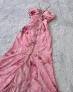 Abito da sera rosa chiffon con stampa floreale, volant, scollo all'americana, modello sirena, abito da ballo Y8306