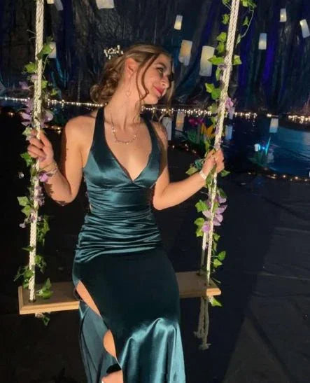 Vestido de Noite Vintage Verde com Fenda, Sem Costas, Vestido de Baile Y7782