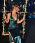 Vestido de Noite Vintage Verde com Fenda, Sem Costas, Vestido de Baile Y7782